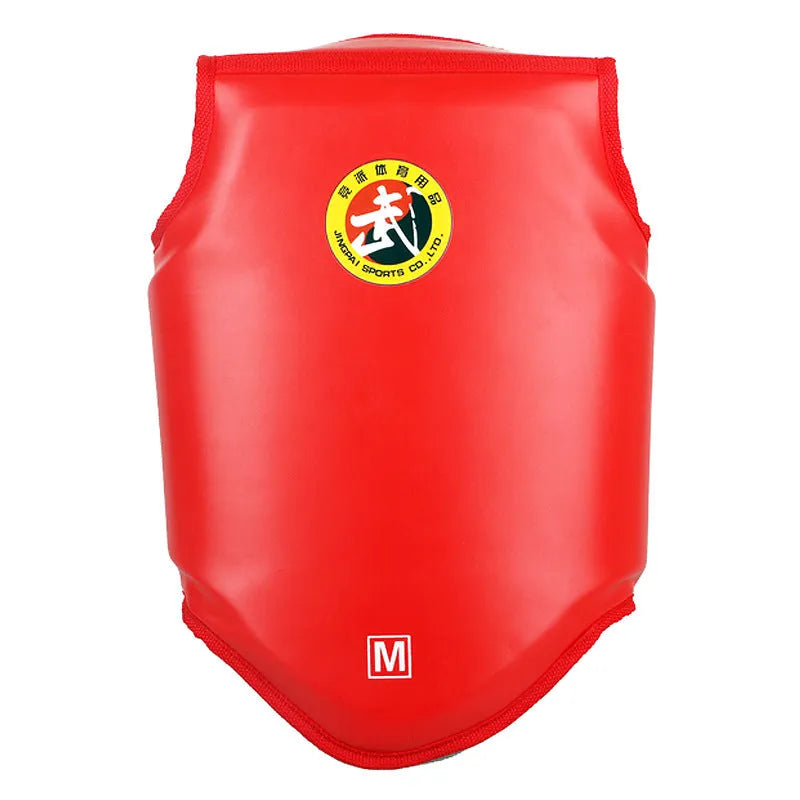 Red boxing helmet and chest protector training set on white background