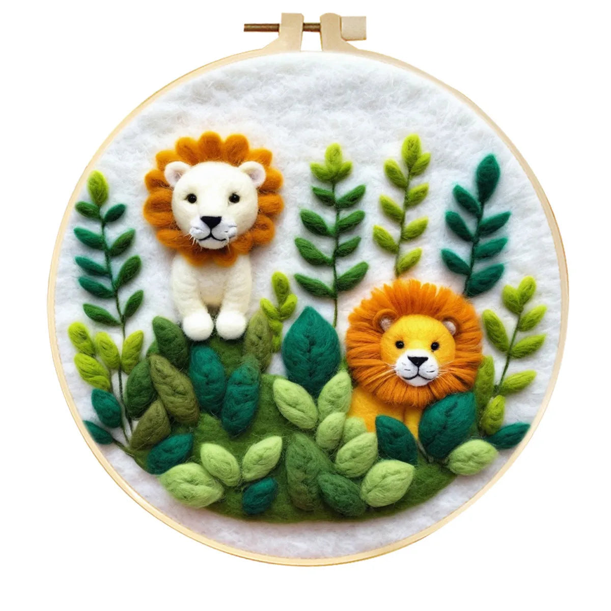 Round 20x20 cm linen embroidery kit with wool felt pieces for floral design and included embroidery frame.