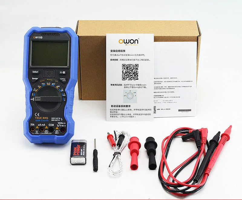 Handheld digital multimeter showing display, model options OW16B and OW18 with Bluetooth function choices.
