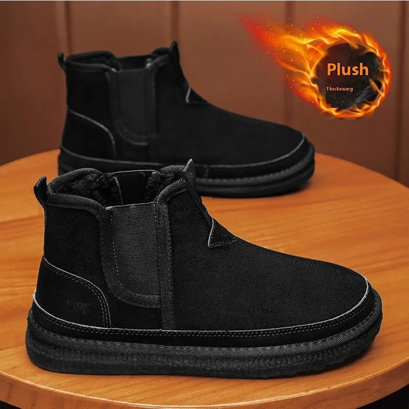 Winter fleece snow boots men ankle boot round-toe black artificial PU PVC outsole casual warm