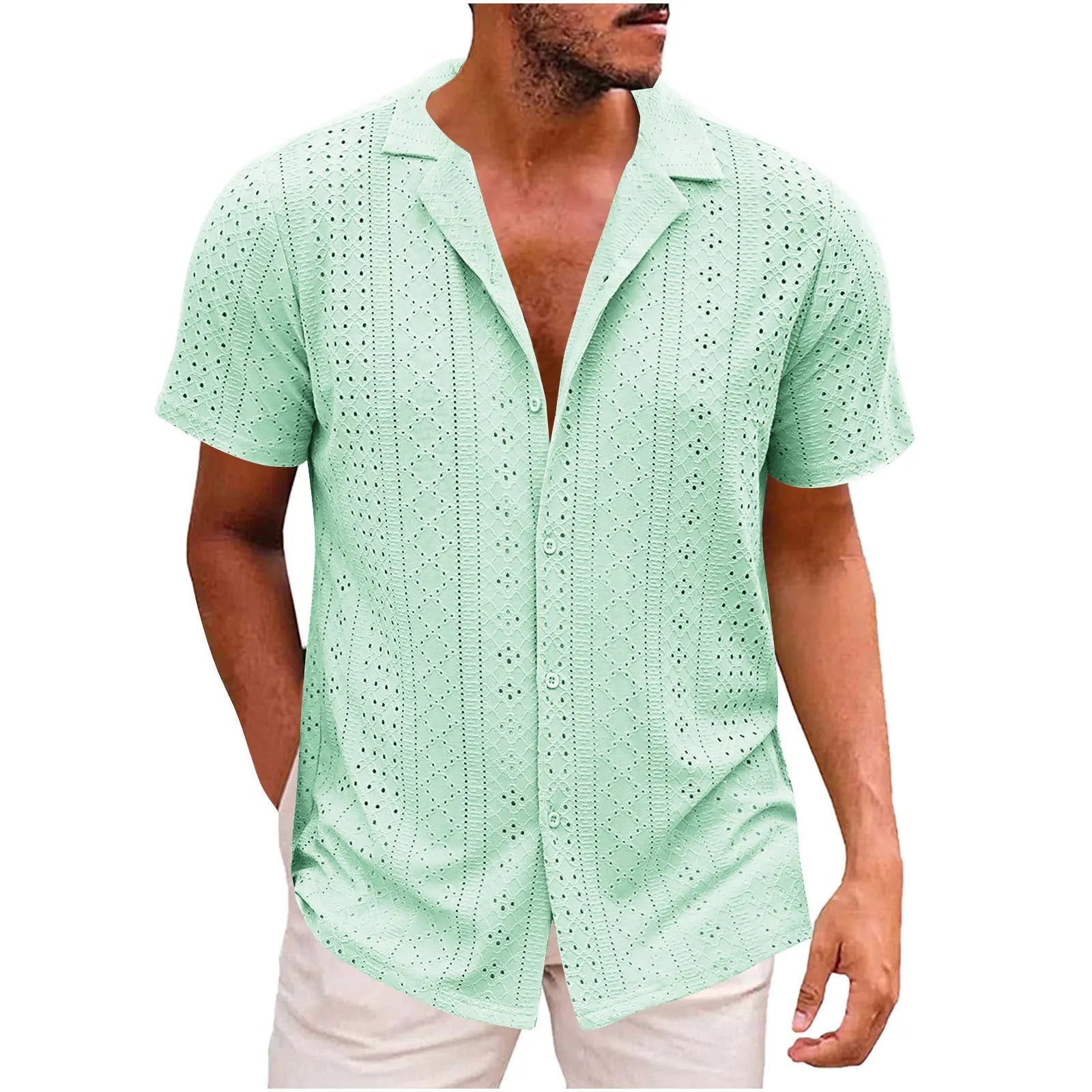 Men's breathable lightweight polyester casual shirt in white, cardigan style, regular fit