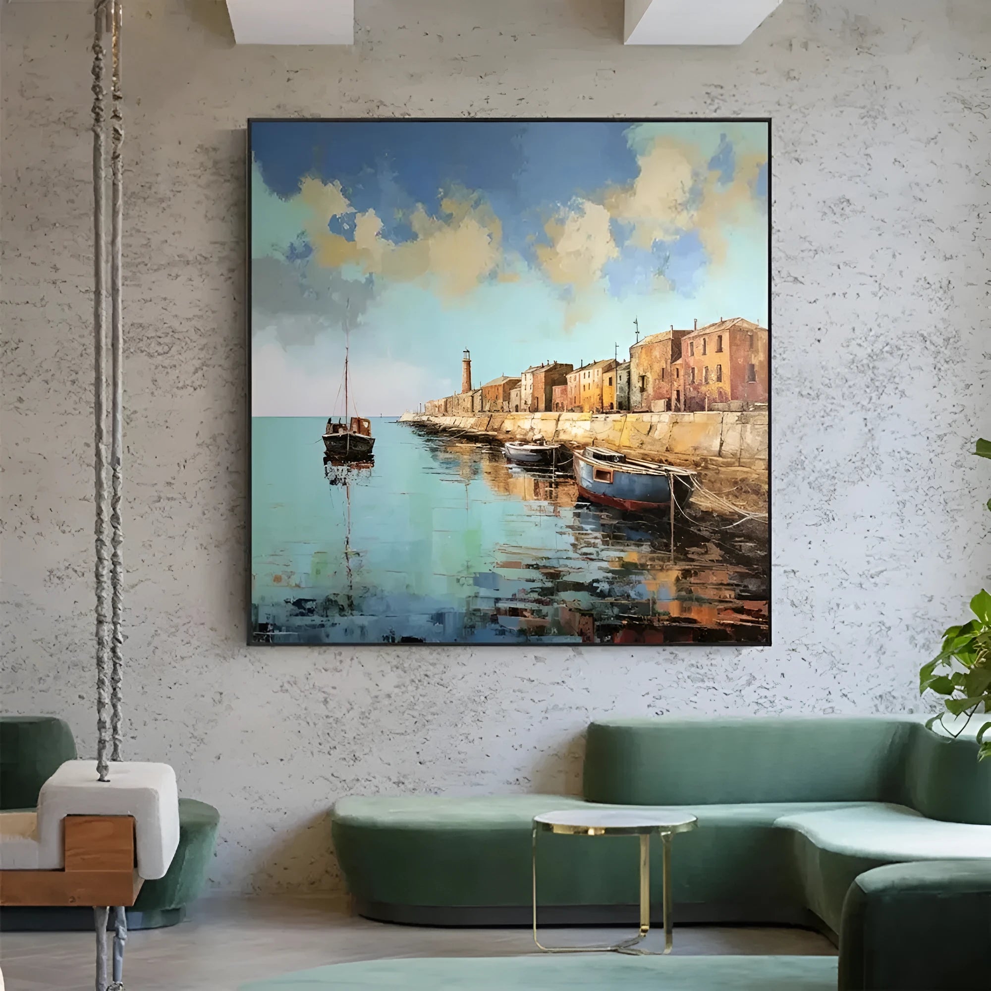 Hand painted oil painting on canvas abstract pier scenery square wall art in modern style