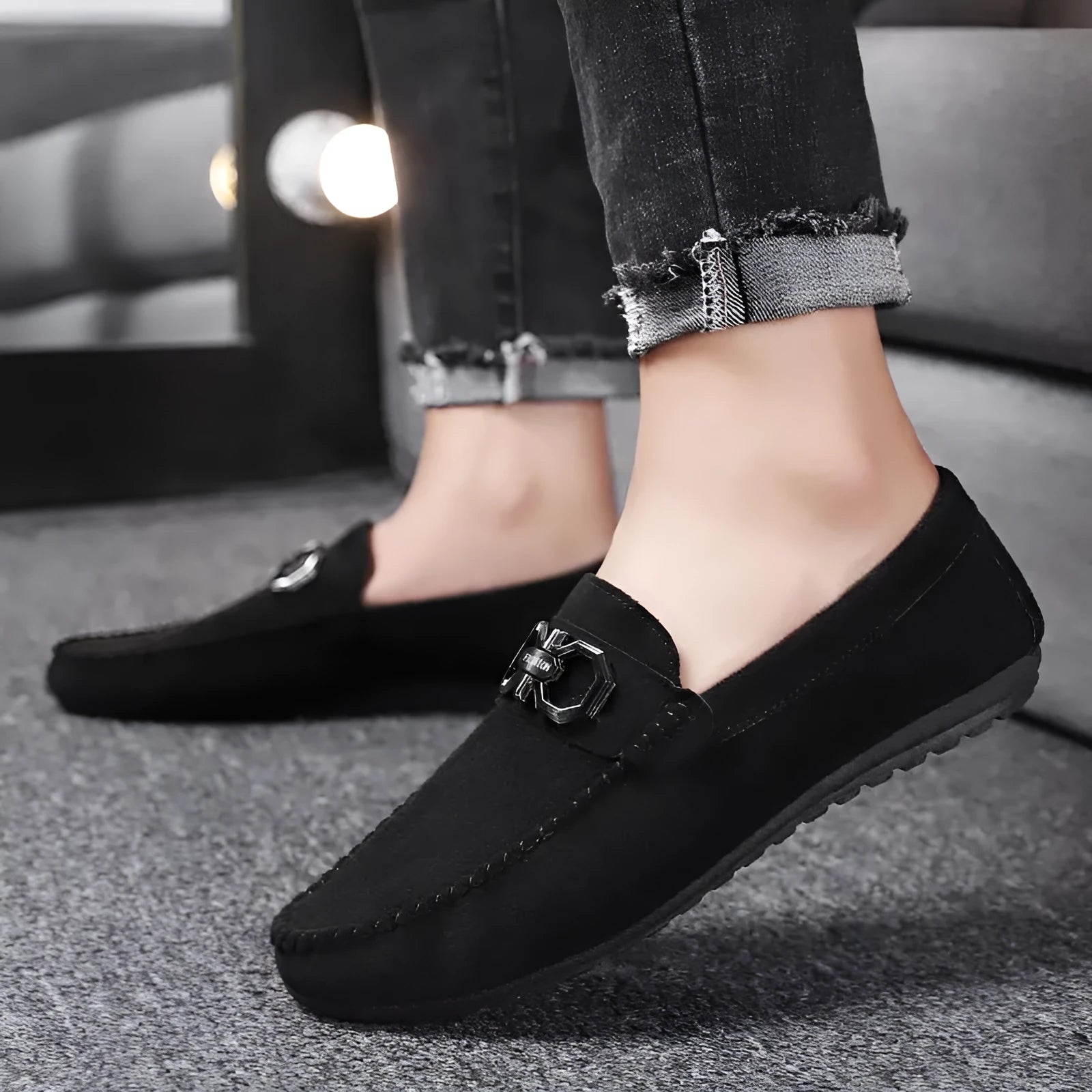 Men's black and grey suede summer casual shoes with leather details and rubber soles