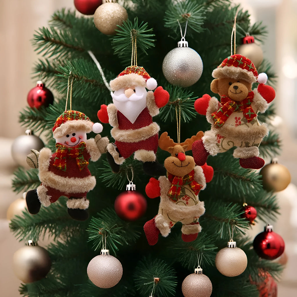 Set of four Christmas tree ornaments Santa snowman reindeer and bear figures with red white scarves golden balls red bows