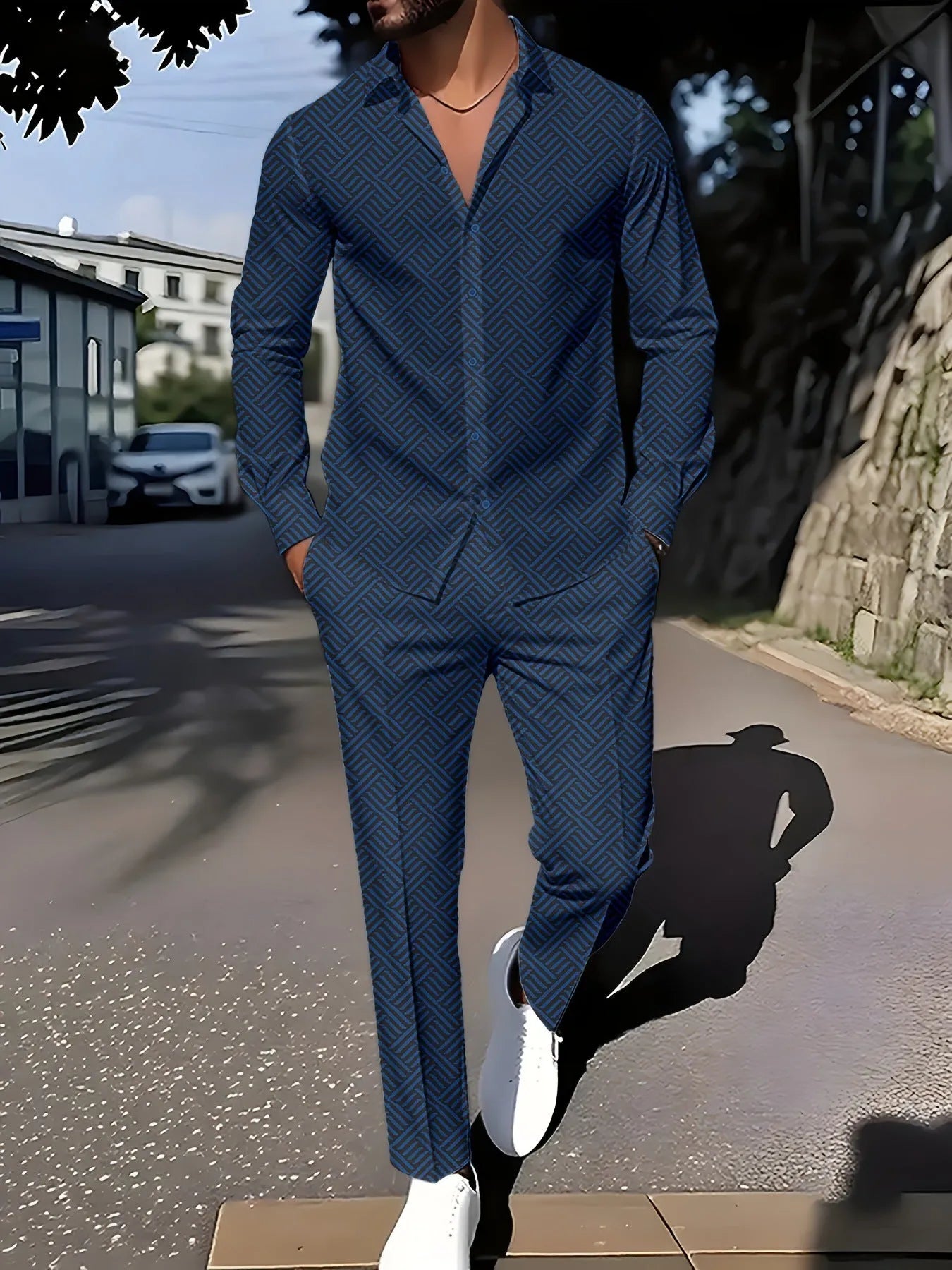 Men's plaid square grain print suit set with shirt and trousers in apricot colour on model