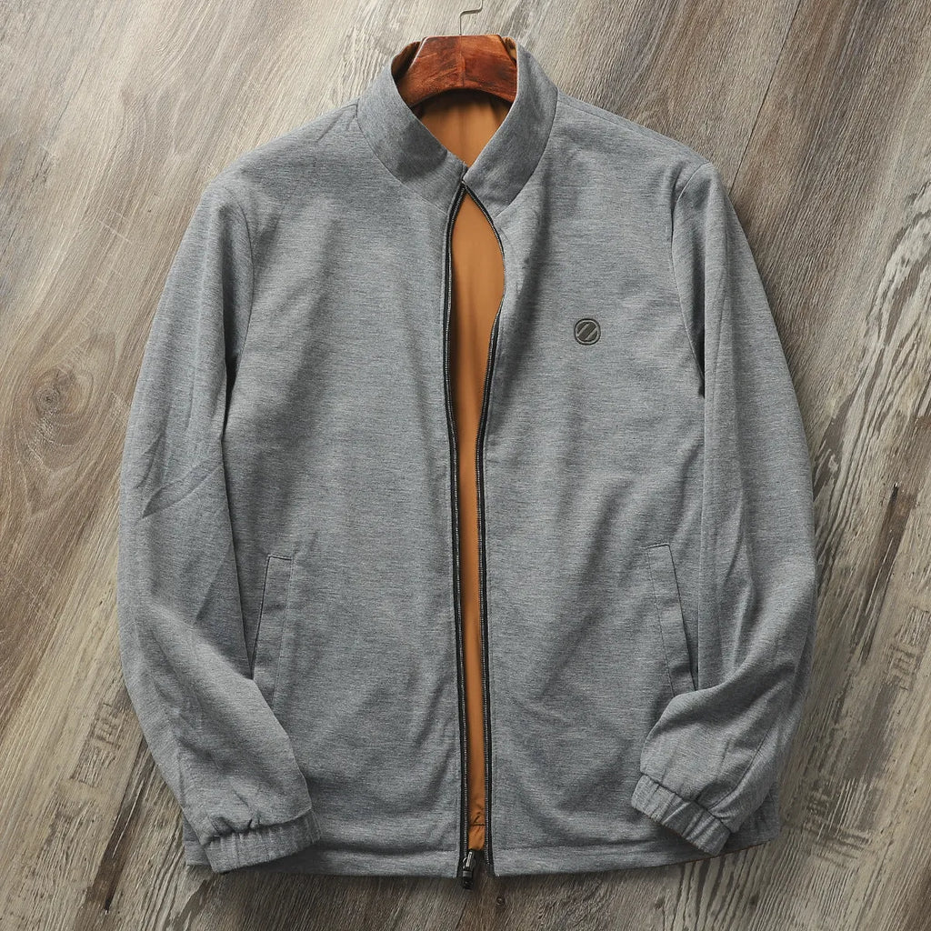 Men's simple stand collar jacket in a polyester blend, shown in Army Green colour.
