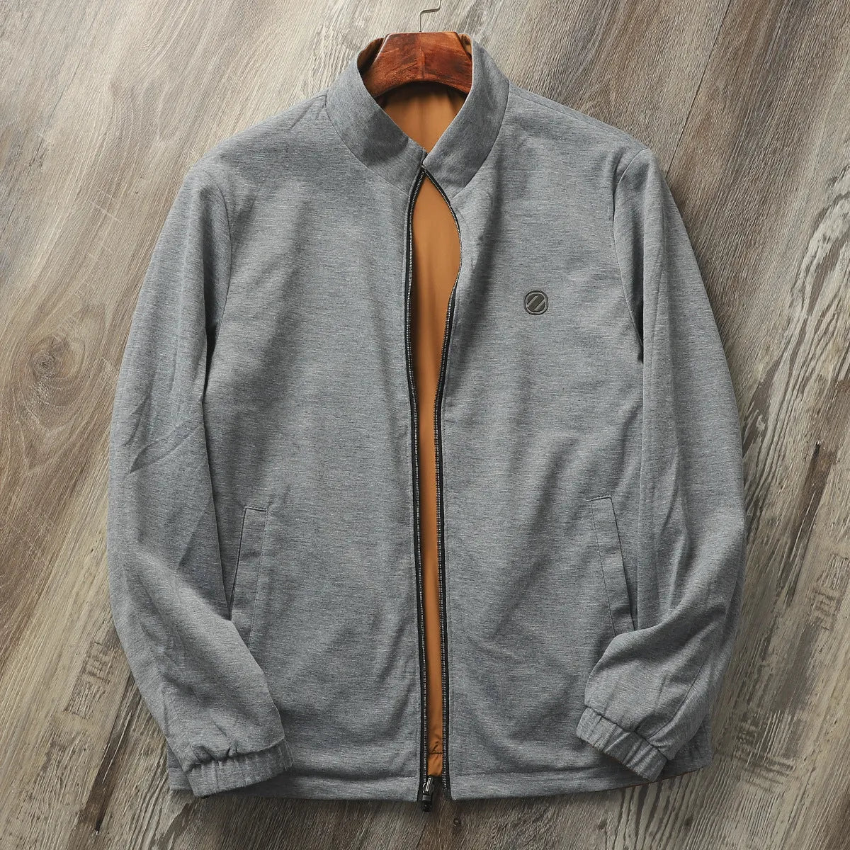 Men's simple stand collar jacket in a polyester blend, shown in Army Green colour.