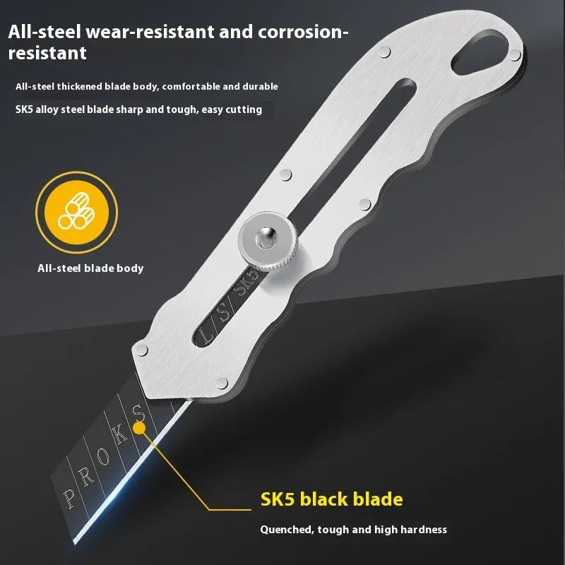 Stainless steel folding art knife with black blade and package of replacement blades