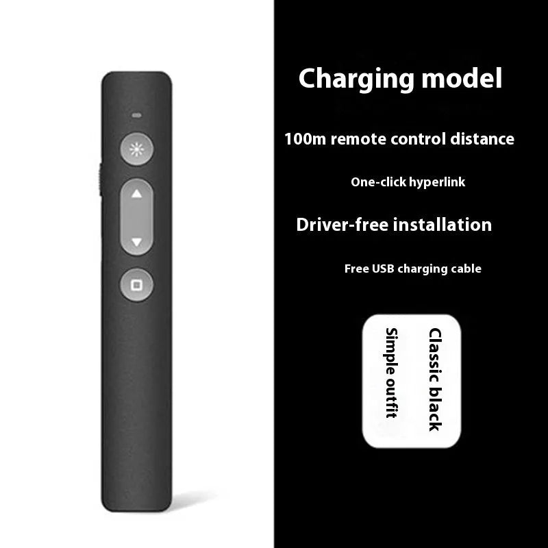 A whiteboard and presentation remote control pen in black, with a USB charging cable.