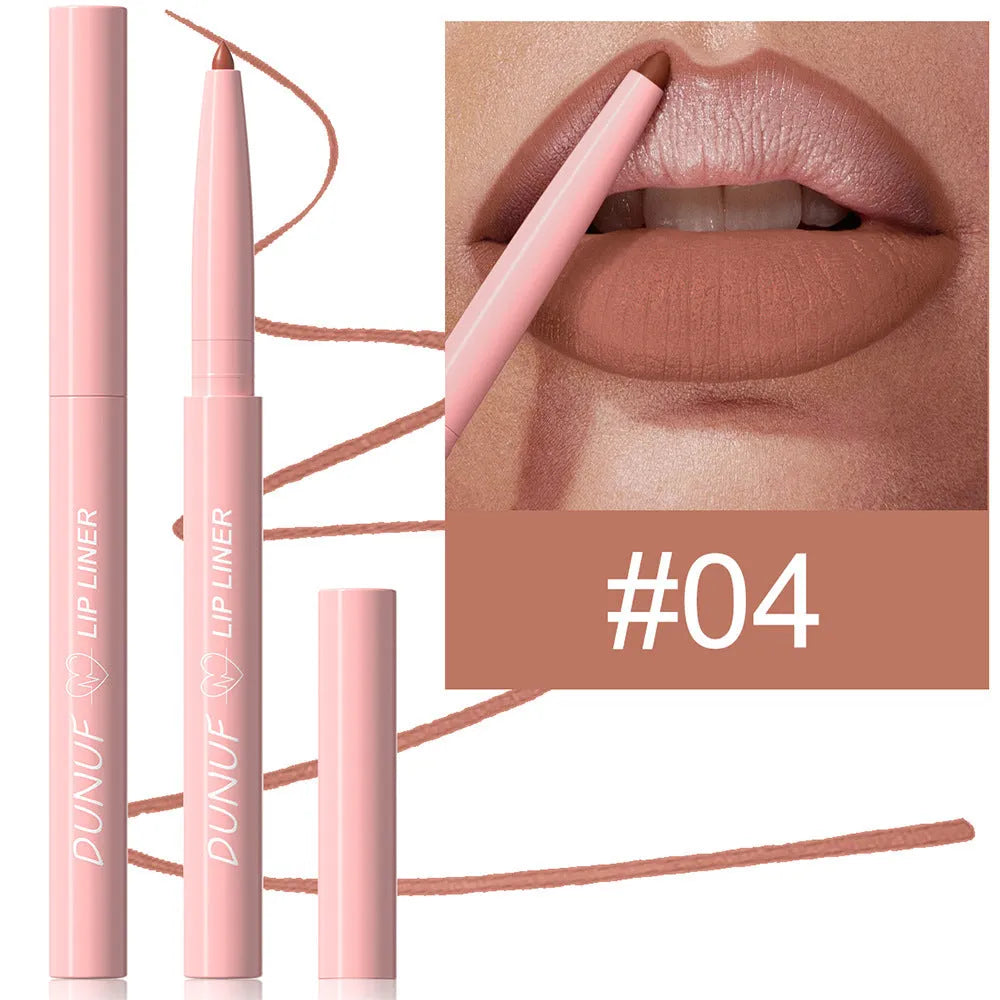 Twelve velvet matte lip liner pencils in a row showing different shades from a 12-colour collection.