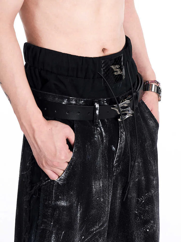 Black two-layer cowhide men's leather belt with metal letter buckle measuring 110cm
