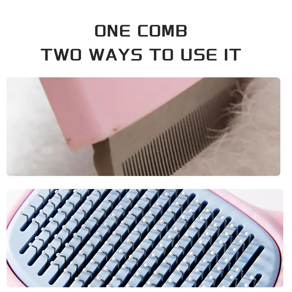 Red and blue pet grooming brush with double-sided deshedding comb for dogs and cats