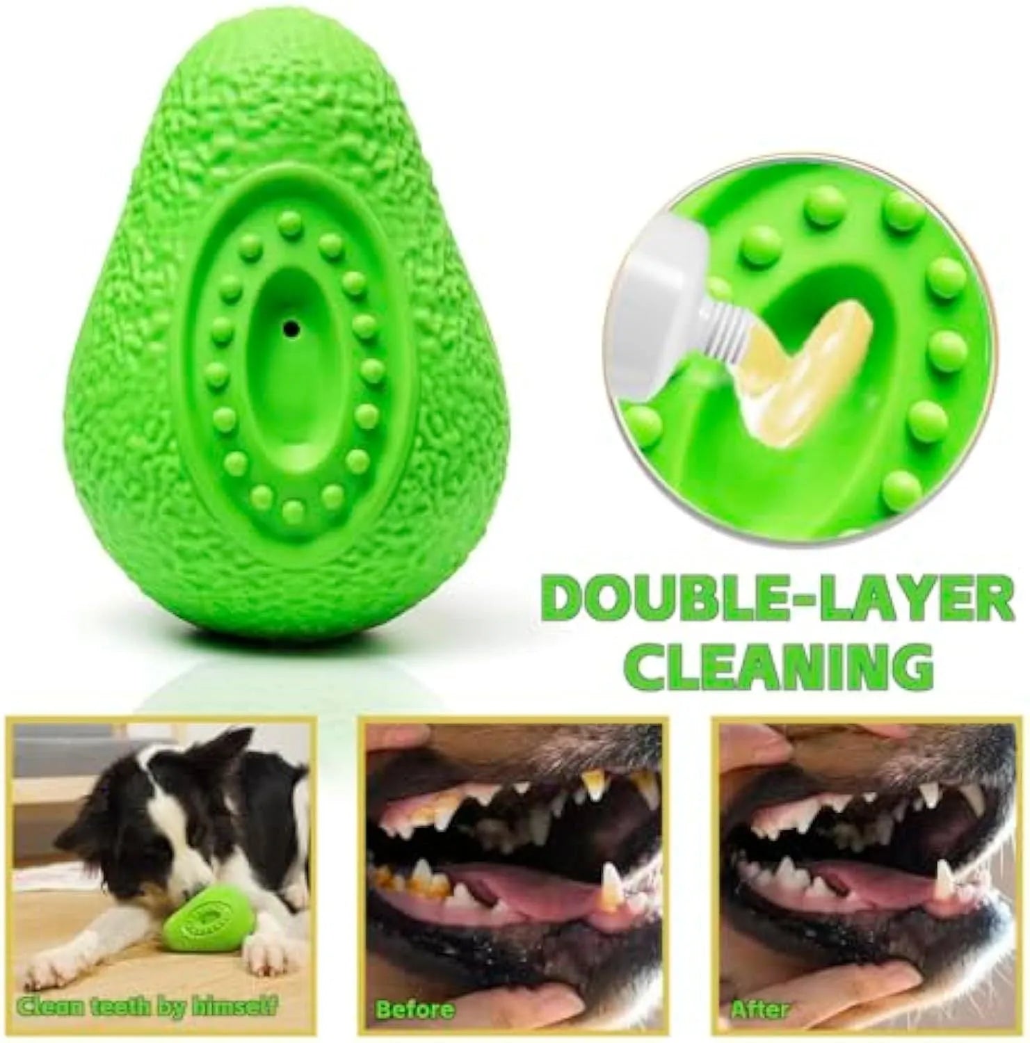 Green avocado-shaped natural rubber dog chew toy for aggressive chewers.