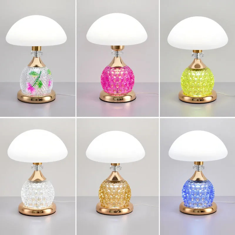 Light luxury mushroom table lamp with carved base in transparent colour on a wooden bedside table
