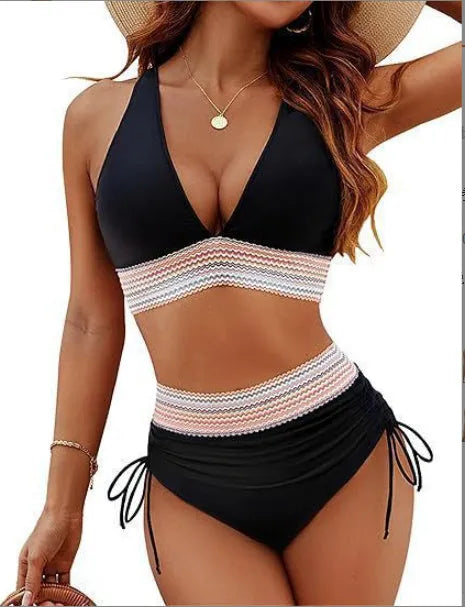 Women's high-waisted bikini set with colour-blocking drawstring briefs and sleeveless top.