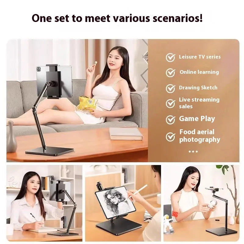 Alloy desktop bracket holding a mobile phone with adjustable arms for live streaming and shooting