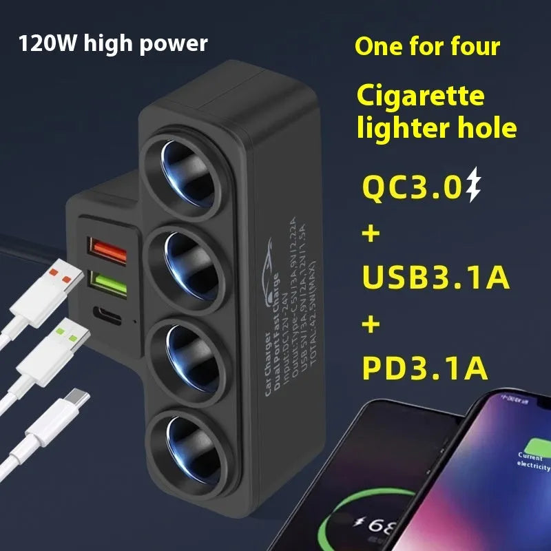 Car-mounted multi-function fast charging universal cigarette lighter with dual USB ports QC and PD support, 120W output