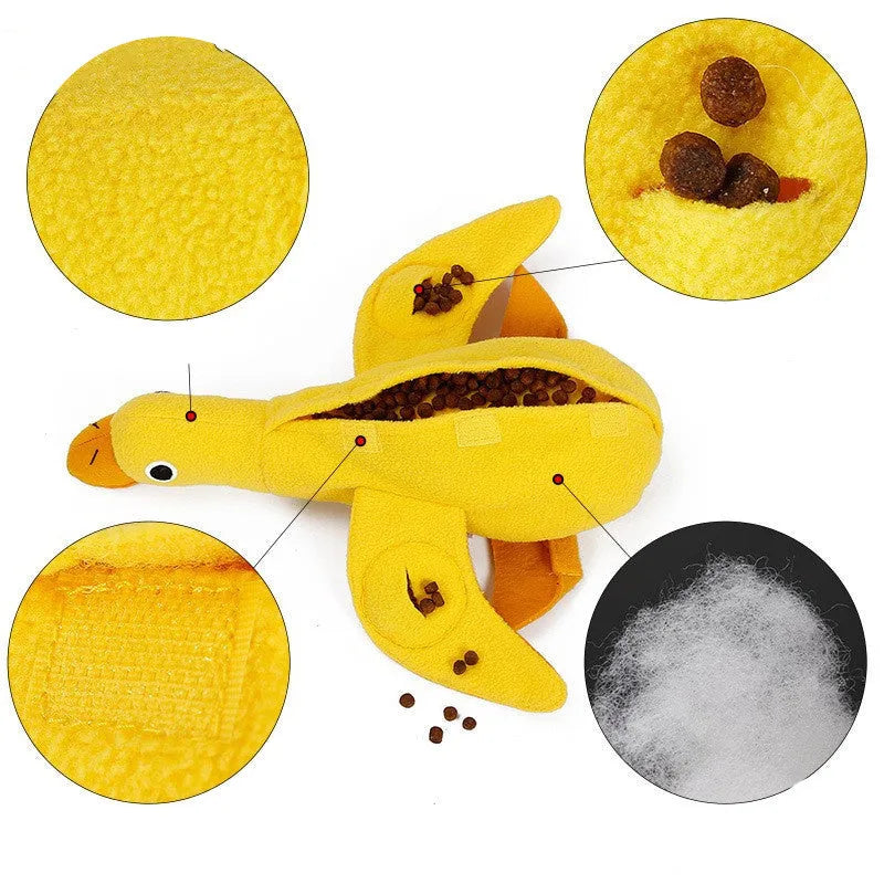 Yellow teddy bear duck plush dog toy with squeaker and treat holes.