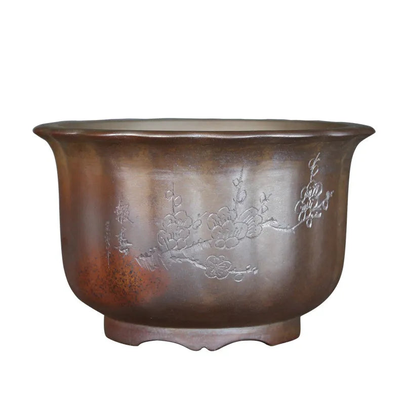 Antique carved purple sand ceramic bonsai pot with wood-burning pattern