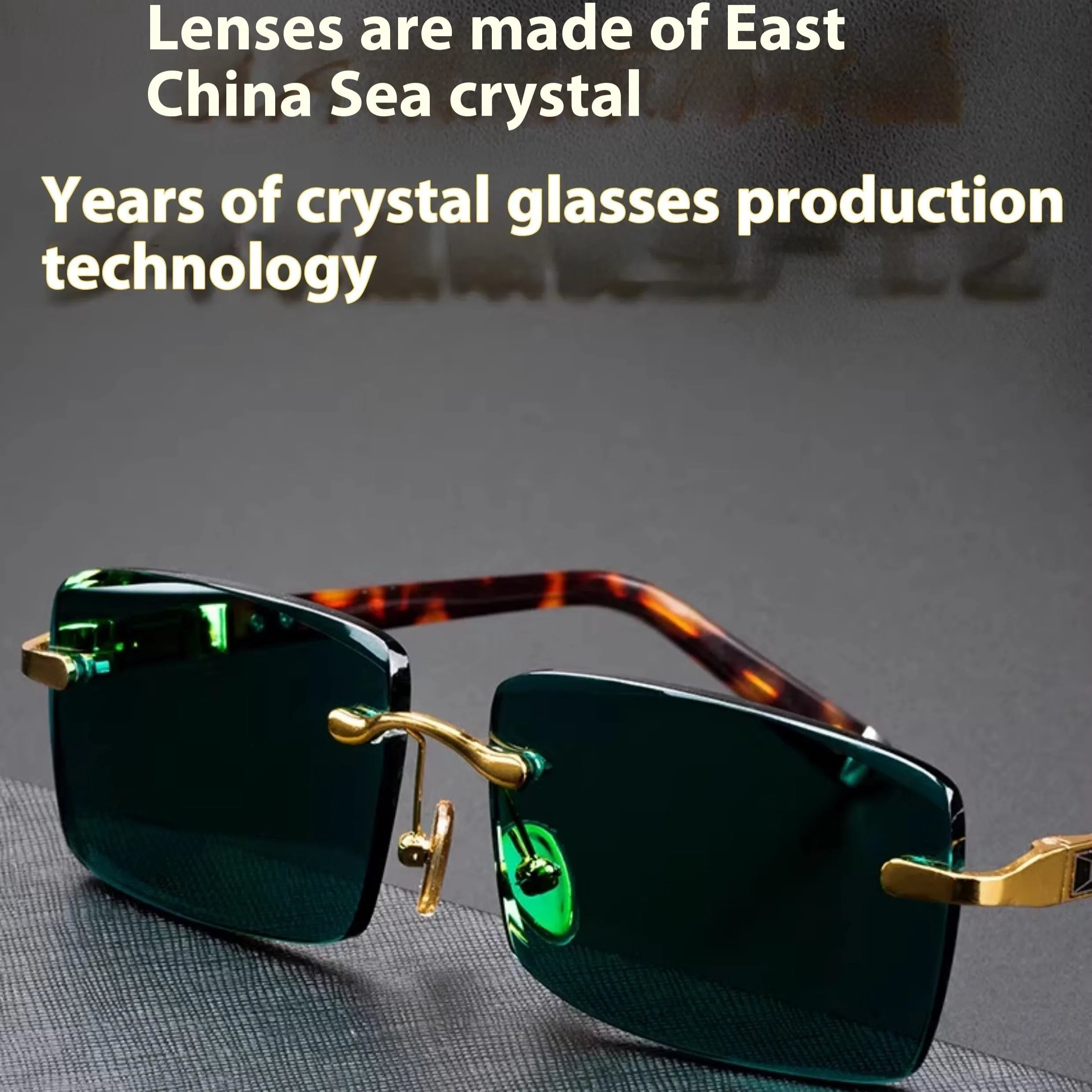 Dark green frameless sunglasses with a protective case and cleaning cloth.