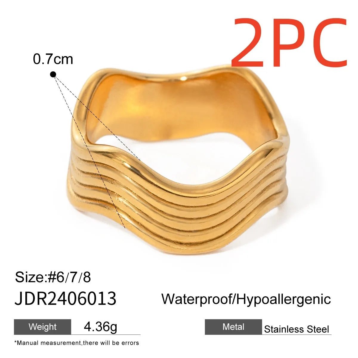 Women's stainless steel geometric wave ring with wide band surface and Korean style design