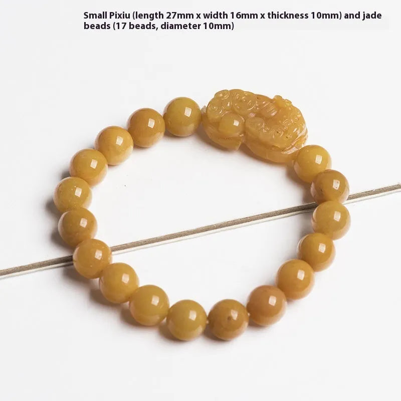 Carved Jinsi Jade money bracelet with Chinese characters on leather cord in gold thread colour