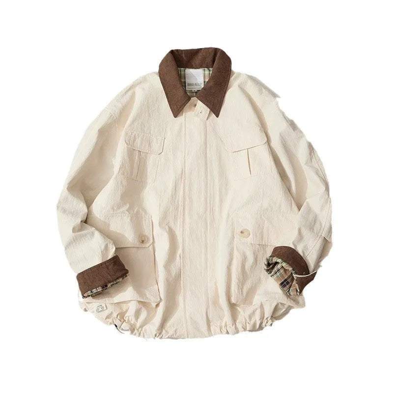 Men's and women's contrast color casual jacket in green or apricot polyester with long sleeves and side pockets