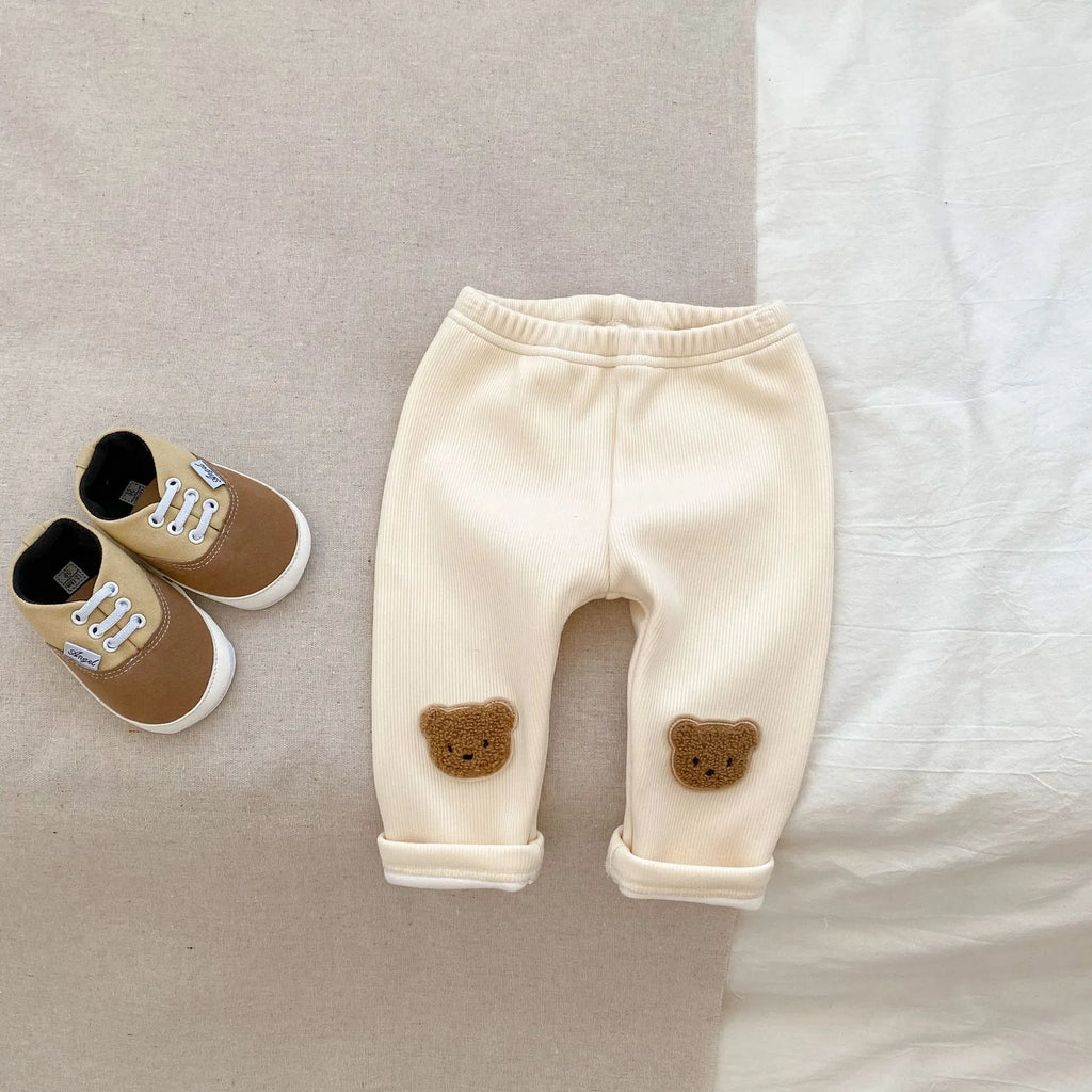 Cotton bear embroidered high-waist trousers for children, autumn winter, milk apricot colour
