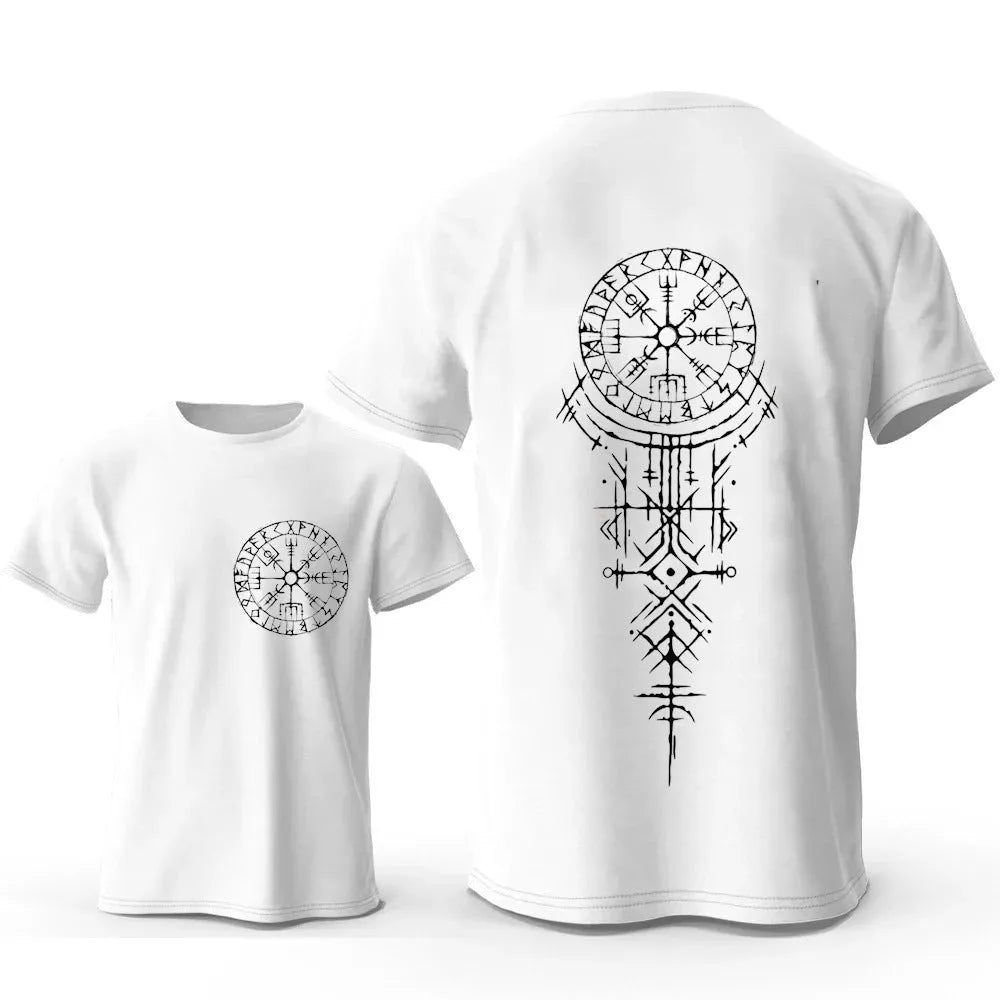 A man's grey cotton T-shirt with a printed Viking Rune Compass design on the chest.