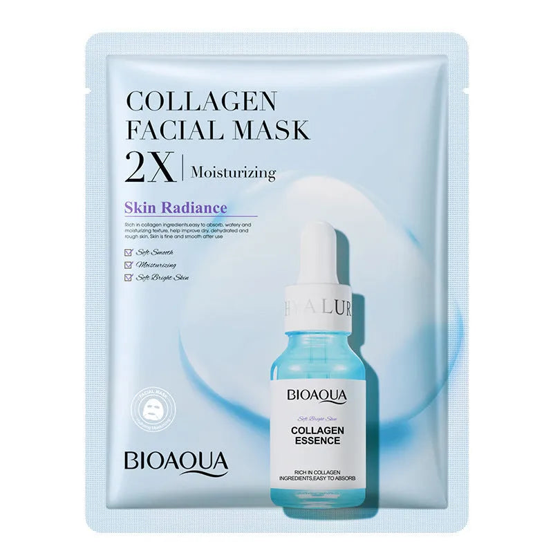 Single sheet of a white collagen face mask and a multi-pack box of 30g facial sheet masks.