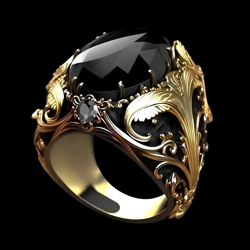 Silver men's wide geometric ring with dark gem-like ornament on a hand.