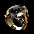 Silver men's wide geometric ring with dark gem-like ornament on a hand.
