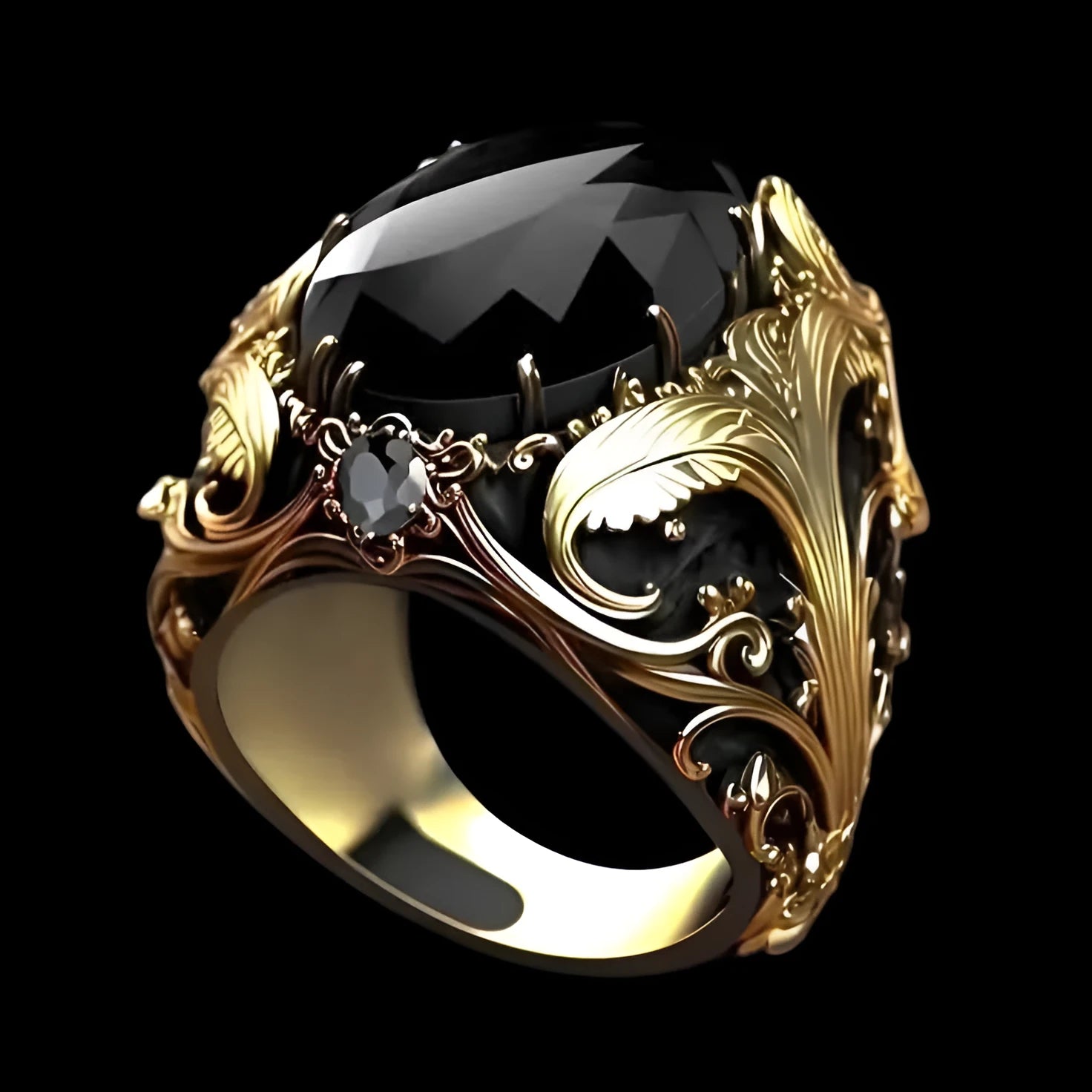 Silver men's wide geometric ring with dark gem-like ornament on a hand.