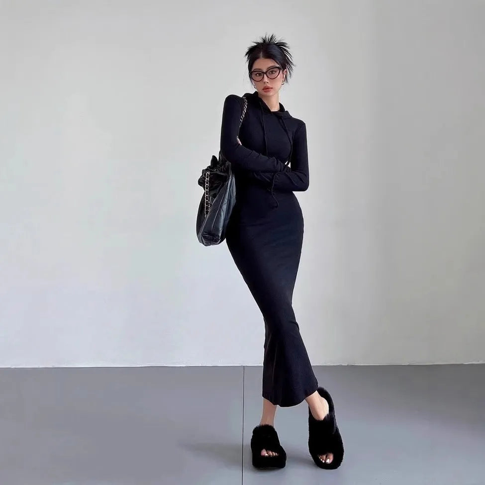 Women's hooded long sleeve sheath dress in polyester fabric with over-the-knee length