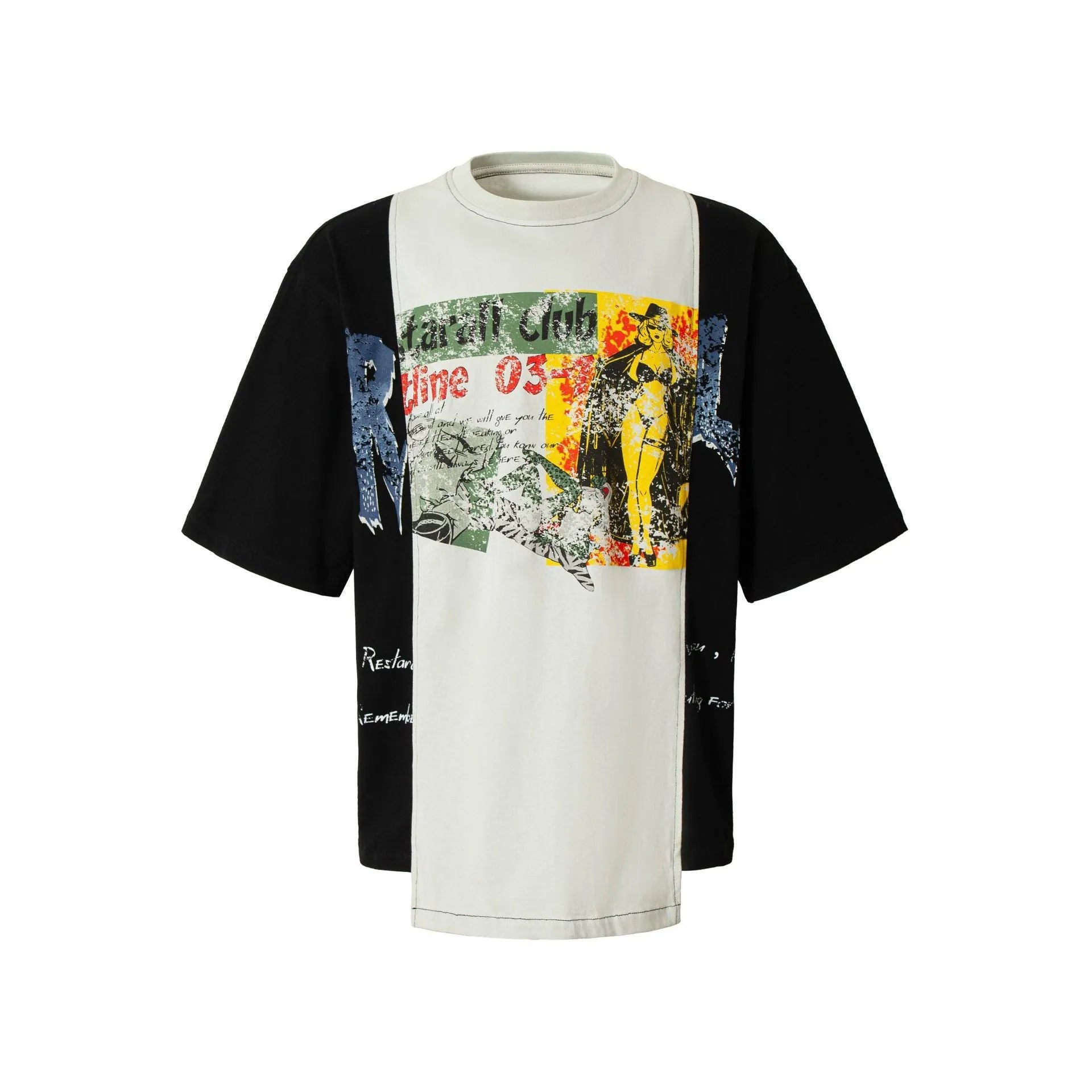 Black and white deconstruction print loose fit cotton blend T-shirt for summer streetwear