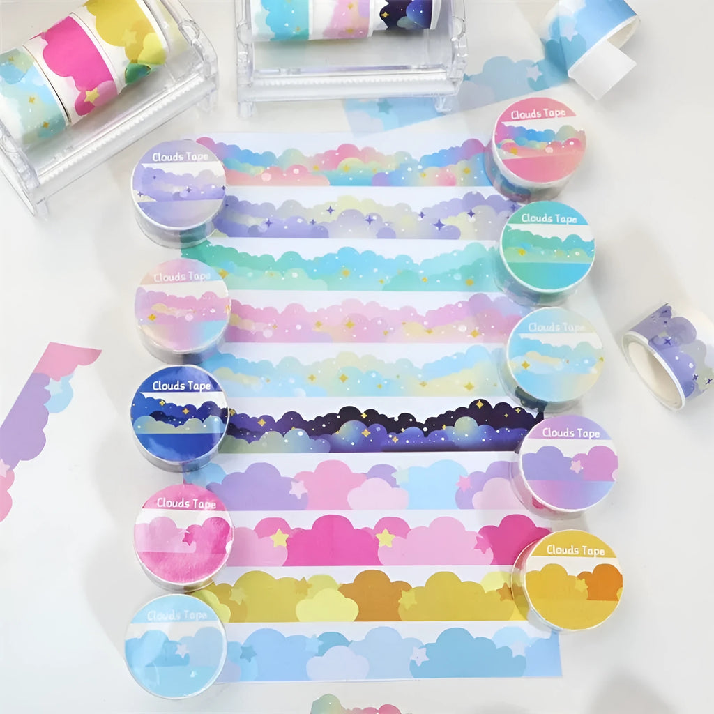 Roll of washi tape with stars and clouds border pattern, 24mm wide, in one of nine colour options