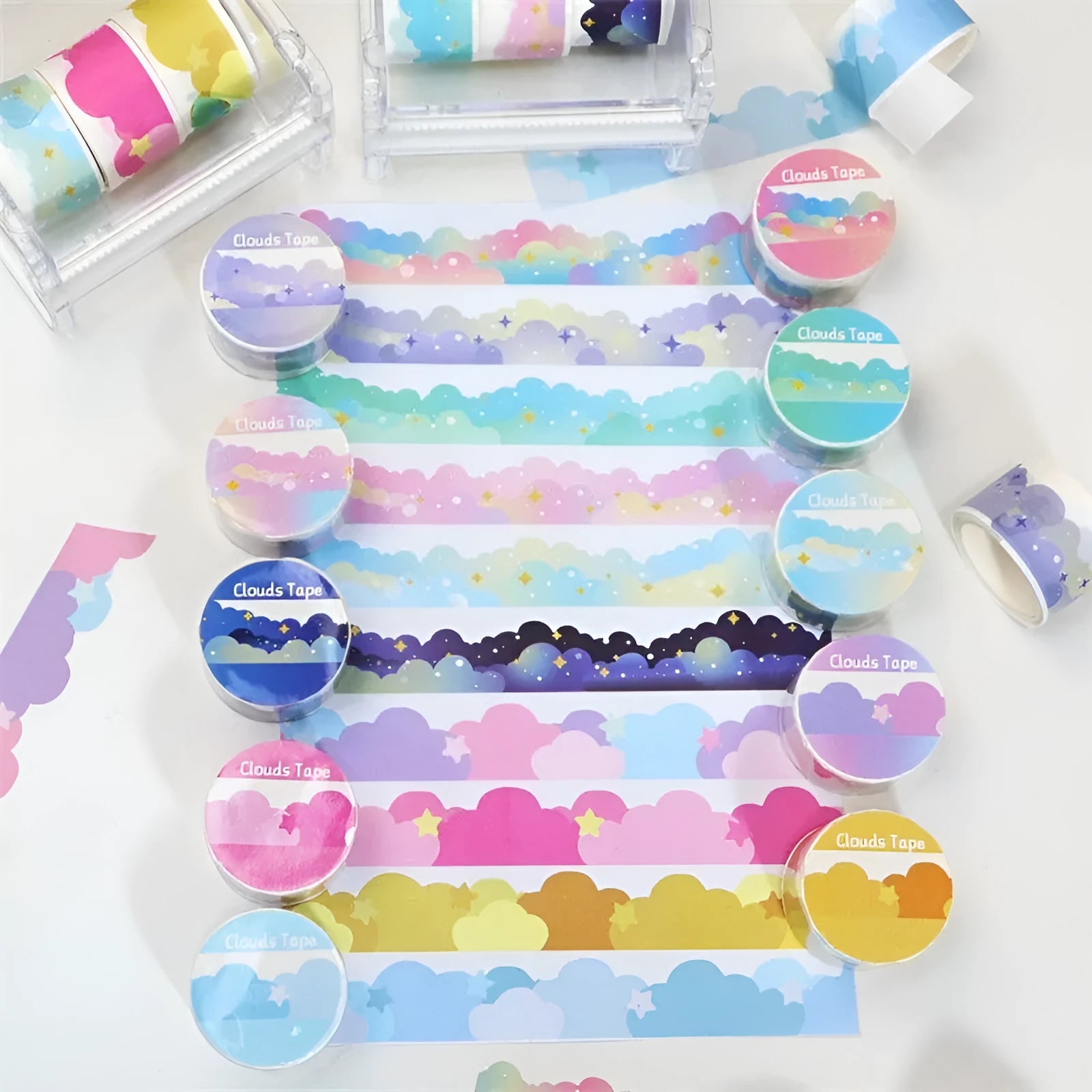 Roll of washi tape with stars and clouds border pattern, 24mm wide, in one of nine colour options