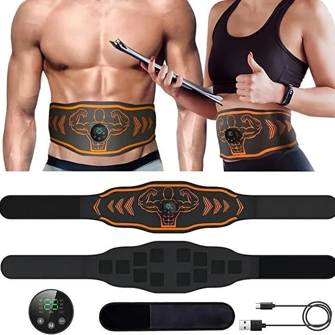 EMS smart massage fitness belt with rechargeable host unit in orange or blue colour options