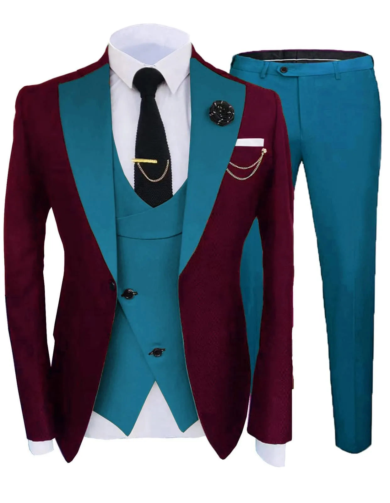Men's slim fit cotton three-piece wedding suit in dark navy with coat, pants, and vest
