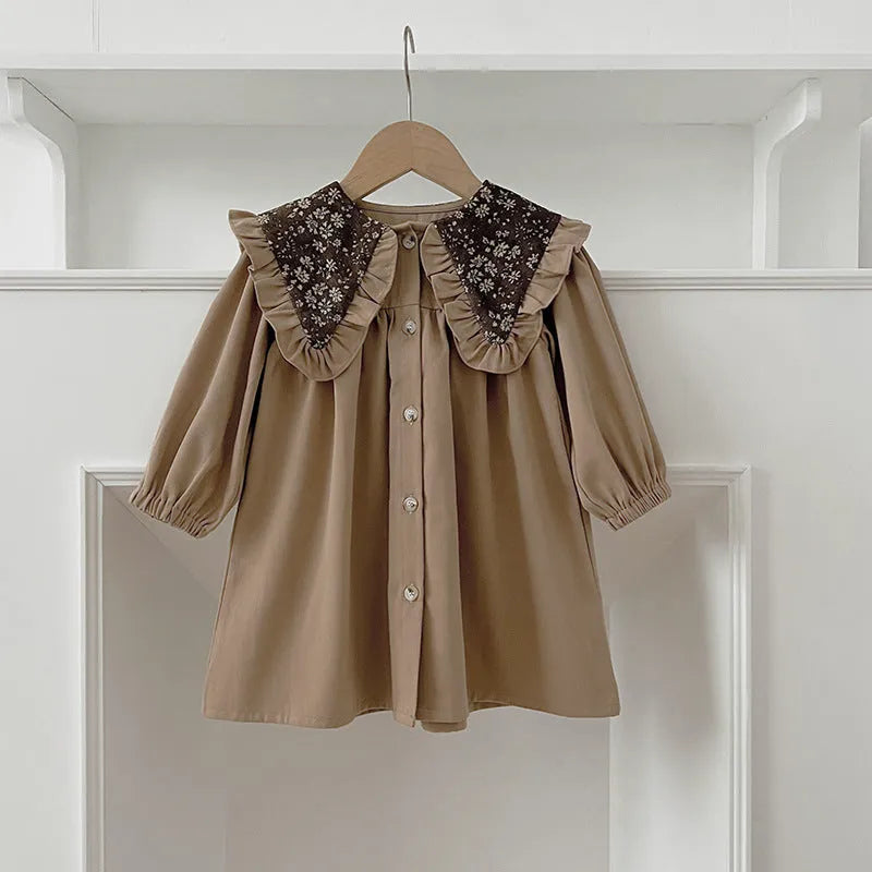 Toddler in long sleeve cotton romper dress with floral collar in brown, suitable height 90cm