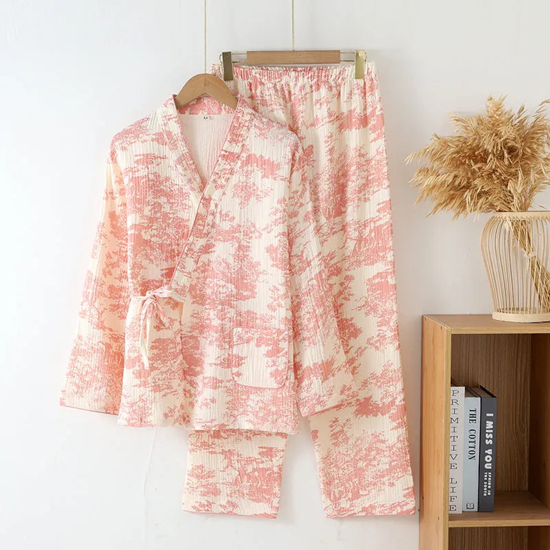 Women's pink pure cotton gauze lounge set with lace-up trousers and long sleeve top.