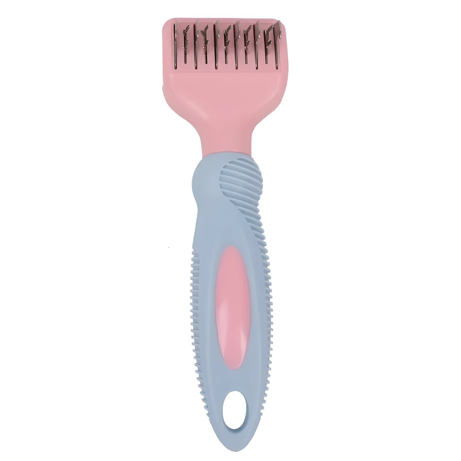 Pink stainless steel dog grooming comb with knot knife and massage pins on a white background.