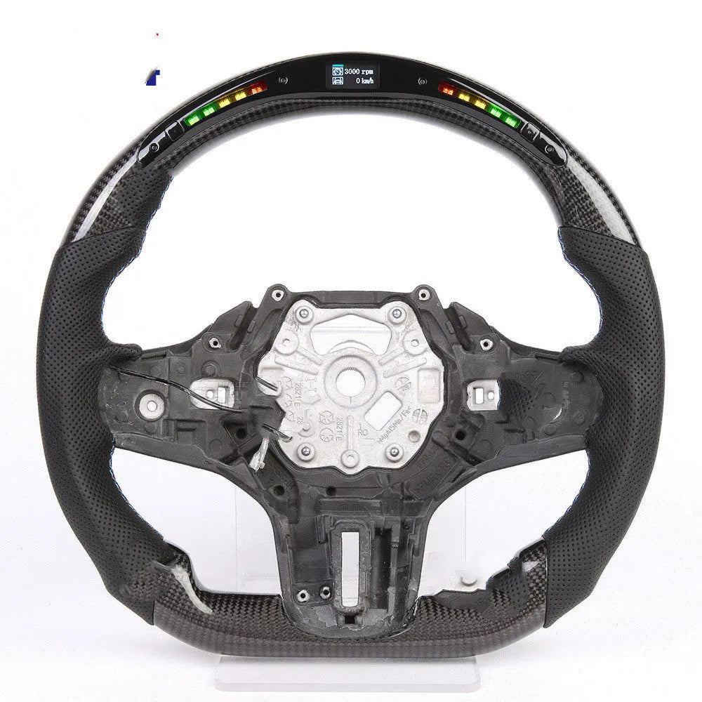 Black carbon fibre BMW steering wheel with LED display and heating controls