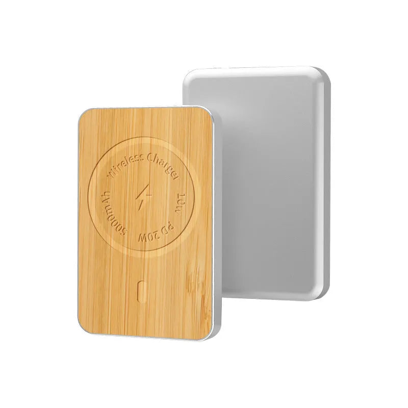 Khaki aluminium alloy magnetic wireless charging bank with 5000mAh battery and USB port