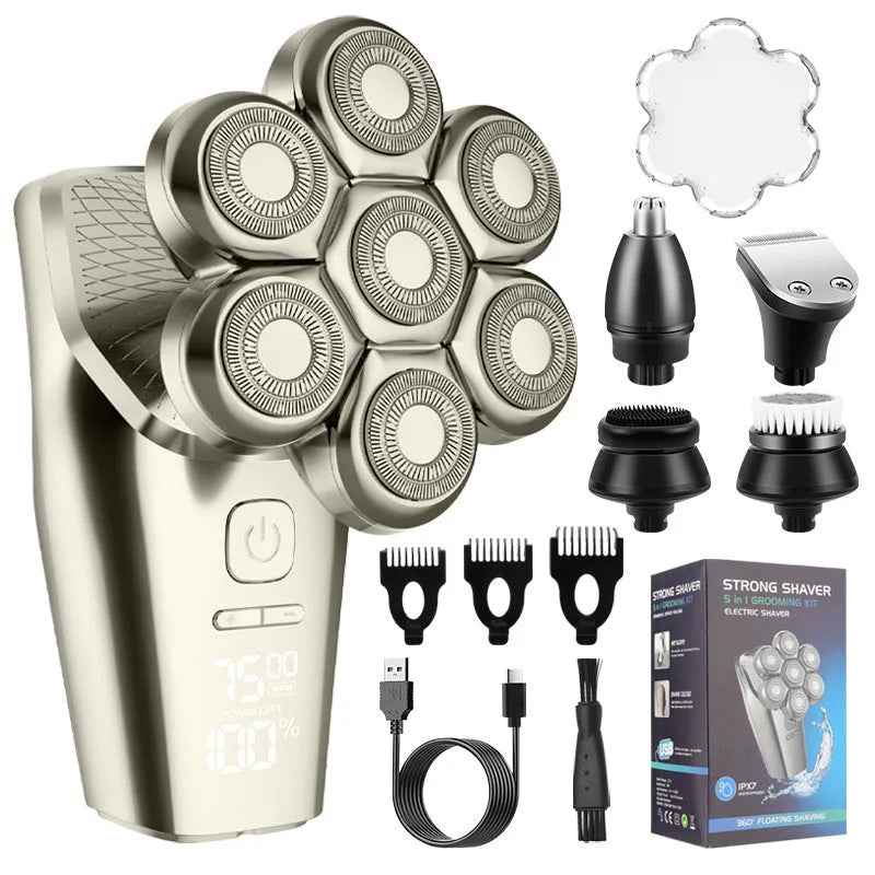 Men's multifunctional magnetic knife head electric shaver with floating cutter and LED display on black background