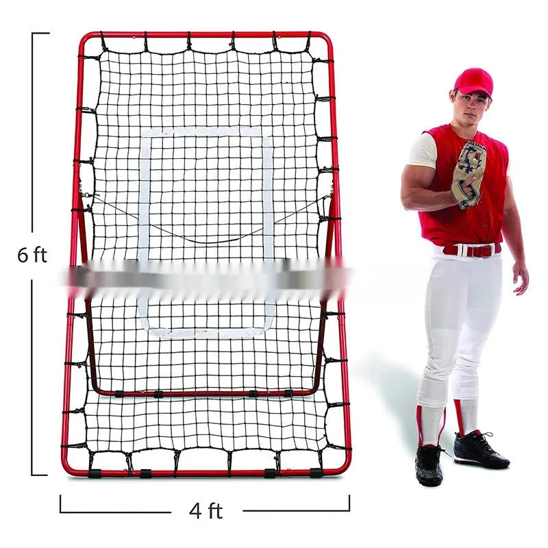 Red 4x6 feet baseball training net with metal frame setup for practice drills