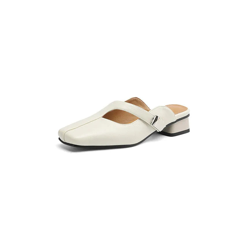 British style square head casual slippers in beige with an artificial PU upper and rubber sole.
