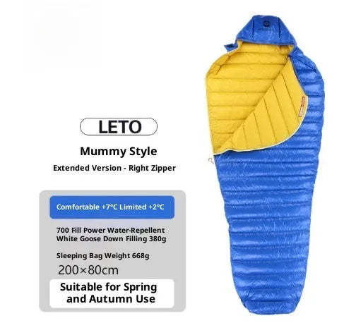 Ultralight goose down mummy sleeping bag in blue with nylon shell for outdoor camping