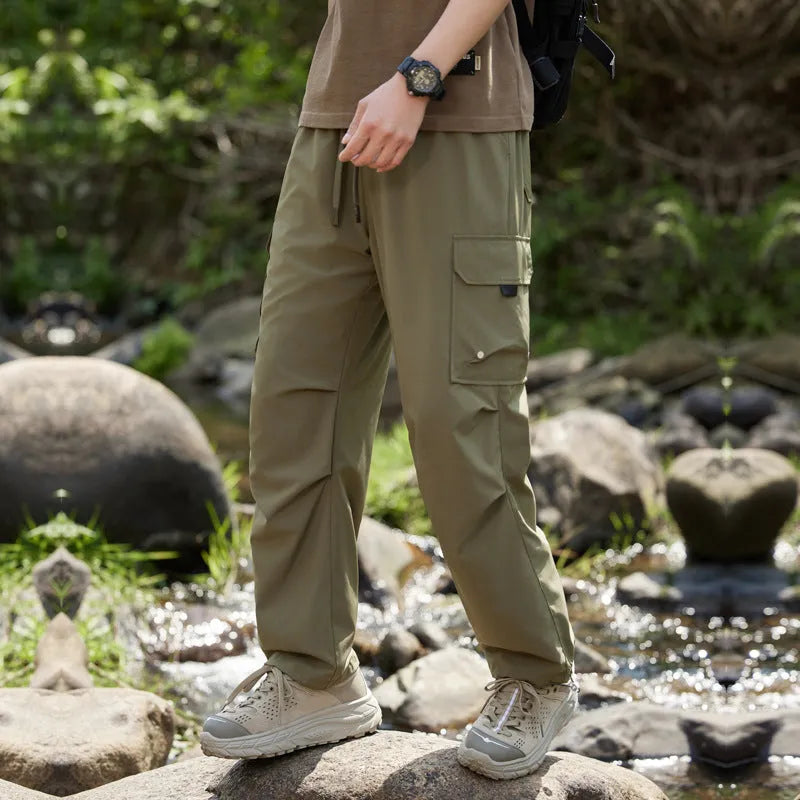 Men's quick-drying summer casual pants in polyester, cropped mid-waist style, colour khaki, size M