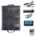 Black folding bag portable solar charger with 40W single crystal panel, shown folded to 425x285x8mm size.